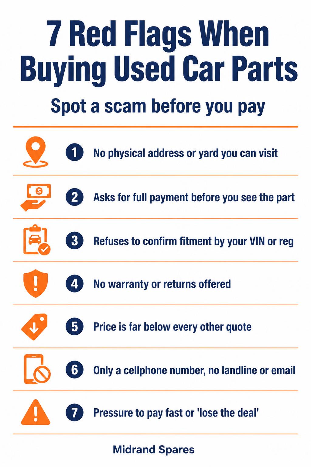 7 red flags when buying used car parts in Gauteng: no physical address, full payment upfront, refusing VIN fitment checks, no warranty, prices too low, cellphone-only contact, and pressure to pay fast